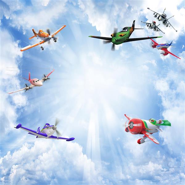 کارتون هواپیماها طرح پوستر دیواری و آسمان مجازی هواپیماها در آسمان ابری