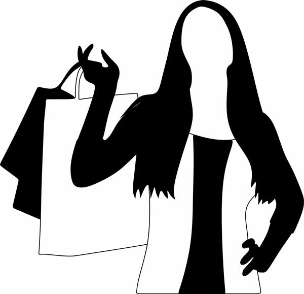 دانلود طرح وکتور زن با پاکت های خرید در حالیکه دستش را روی کمرش قرار داده