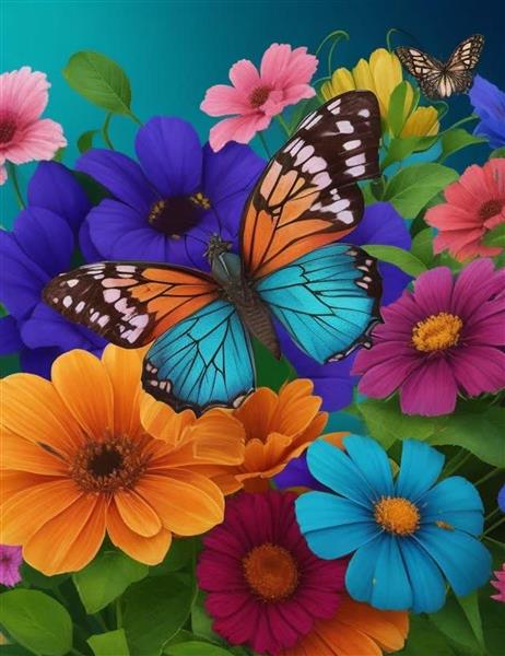 کاغذ دیواری پروانه وگل های رنگارنگ