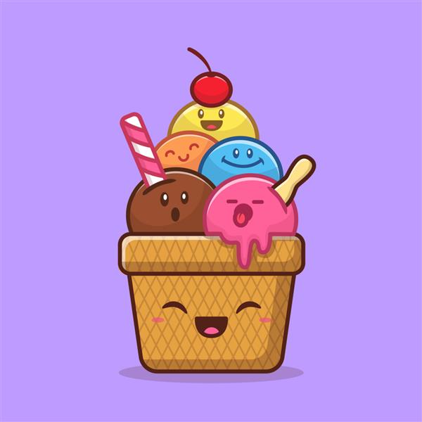 تصویر وکتور کارتونی بستنی شاد مفهوم بستنی غذایی جدا شده سبک کارتونی تخت