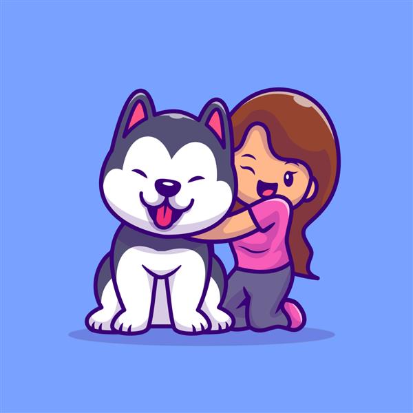 دختر ناز با تصویر کارتونی سگ هاسکی مفهوم آیکون حیوانات مردم