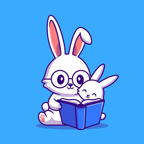 تصویر کارتونی کتاب خواندن مادر خرگوش و بچه خرگوش