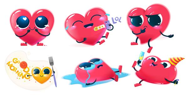 مجموعه کاراکتر قلب شاد قرمز چهره ای زیبا با چشمان درشت و دست و پا تصویر کارتونی برای بچه ها