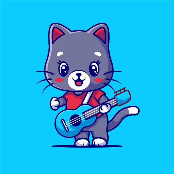 گربه ناز در حال نواختن گیتار جدا شده روی آبی