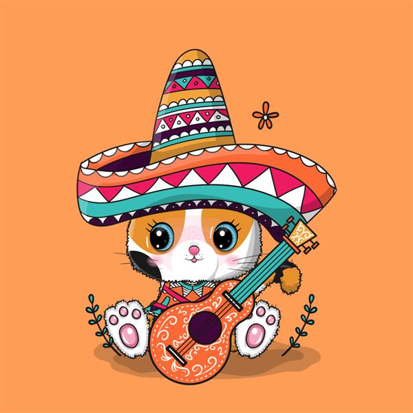 گربه کارتونی زیبا با کلاه مکزیکی سینکو د مایو