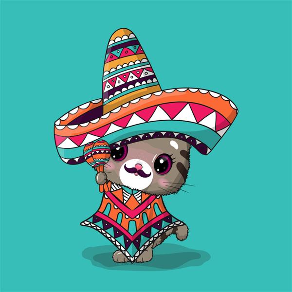 گربه کارتونی زیبا با کلاه مکزیکی سینکو د مایو