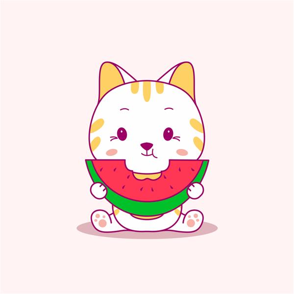 تصویر کارتونی بچه گربه ناز هندوانه می خورد