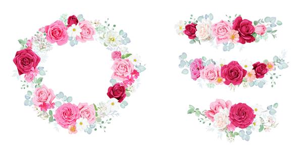 مجموعه ای از دسته گل های رز زیبا برای دکور دعوت نامه و کارت تبریک