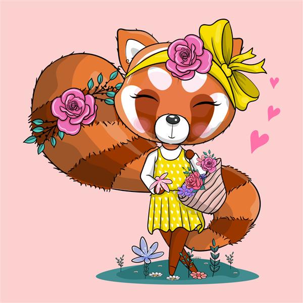 پاندا قرمز کارتونی زیبا با تصویر برداری باندانا و گل