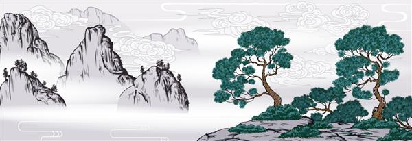 نقاشی چینی منظره کلاسیک با کوه