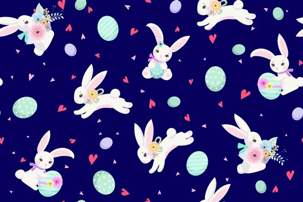 پس زمینه عید پاک بهاری با خرگوش های زیبا تخم مرغ و گل برای کاغذ دیواری و طرح پارچه تصویر برداری