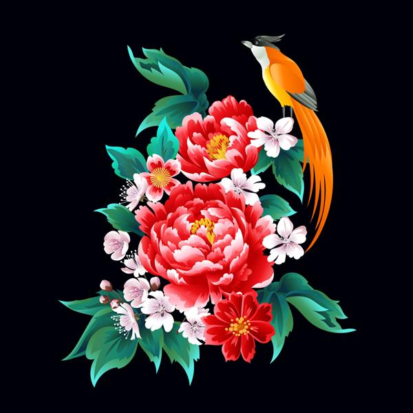 الگوی چینی زیبا با گل صد تومانی و پرنده