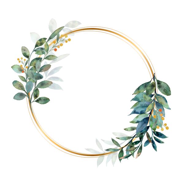 اکلیل برگ سبز آبرنگ با دایره طلایی