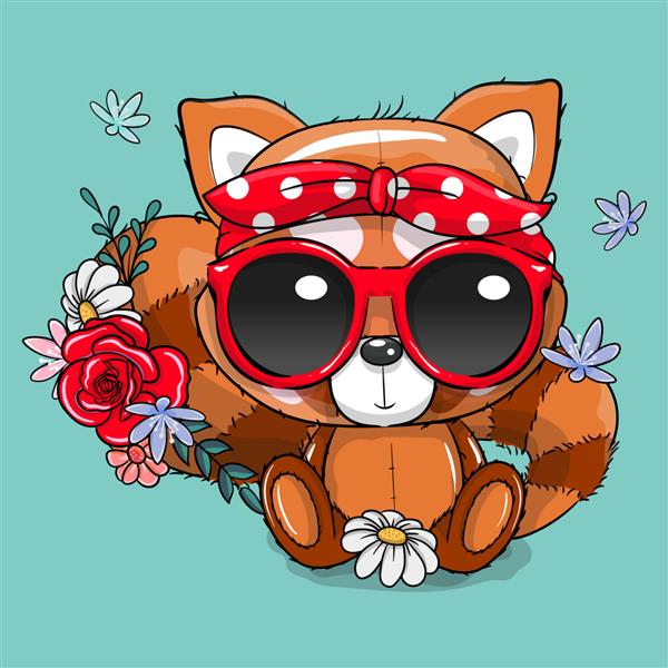 پاندا قرمز کارتونی زیبا با تصویر برداری باندانا و عینک