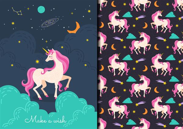 طرح بدون درز کودکانه با دست طراحی شده با اسب شاخدار صورتی زیبا در فضا
