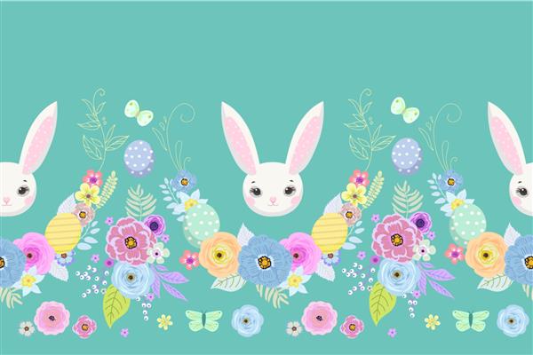 پس زمینه عید پاک بهاری با خرگوش های زیبا تخم مرغ و گل برای کاغذ دیواری و طرح پارچه تصویر برداری