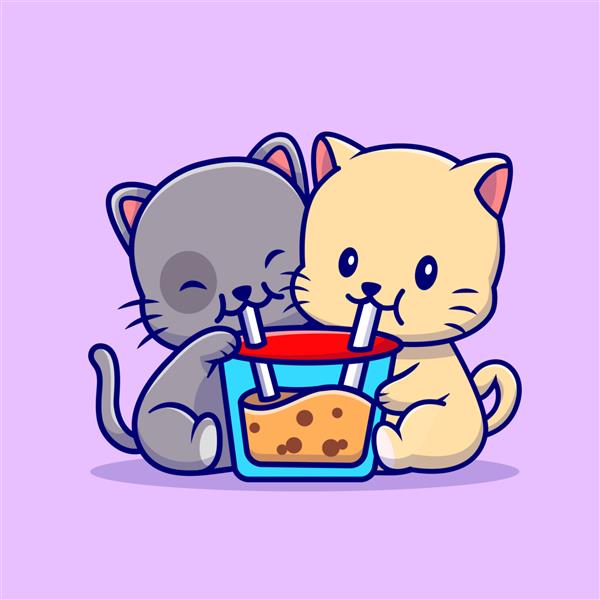 تصویر کارتونی گربه زن و شوهر ناز چای شیر بوبا می نوشند مفهوم نوشیدنی حیوانی جدا شده سبک کارتونی تخت
