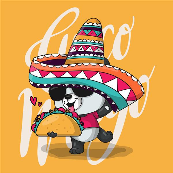 پاندا کارتونی زیبا با کلاه مکزیکی و تاکو سینکو د مایو
