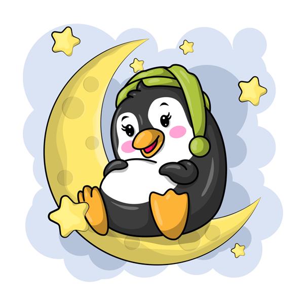 پنگوئن کارتونی ناز روی ماه نشسته است