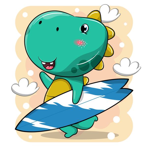 کارتون دایناسور ناز در حال حمل تخته موج سواری در ساحل است