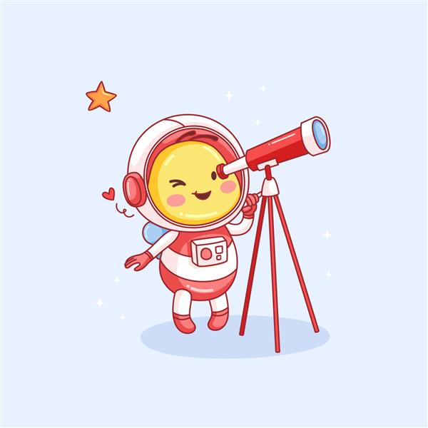 زنبور کوچک ناز با لباس فضانوردی با استفاده از تلسکوپ کشیده شده به ستاره ها نگاه می کند