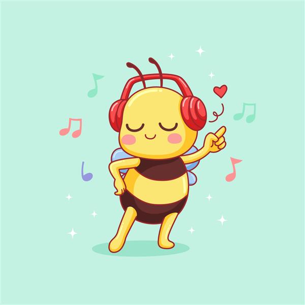 زنبور کوچک ناز در حال گوش دادن به موسیقی در حال رقصیدن با دست کشیده شده است