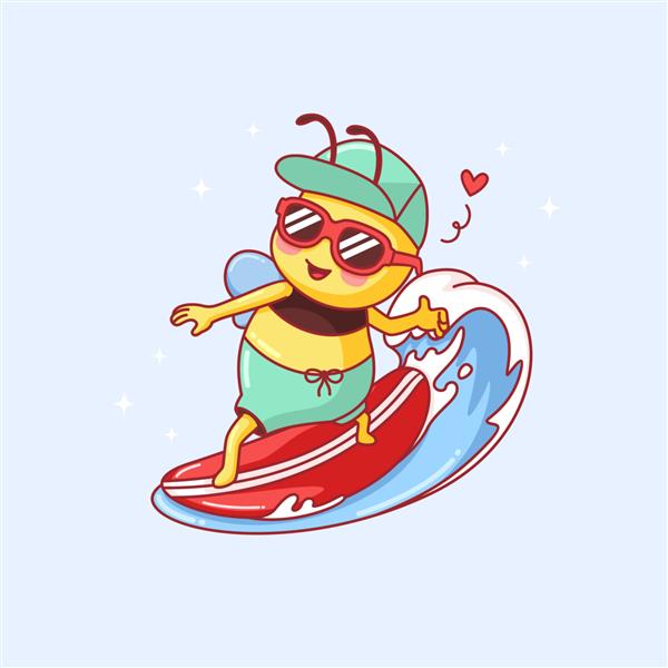 زنبور کوچک ناز در حال موج سواری با کلاه و عینک دست کشیده