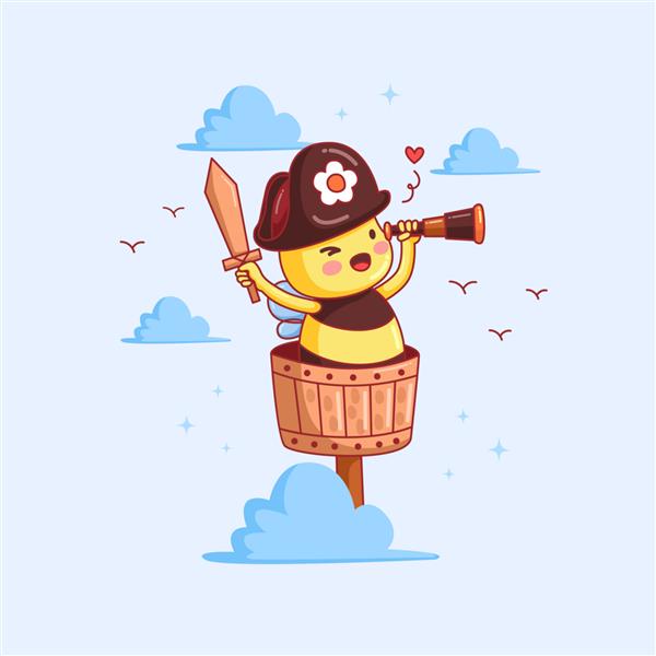زنبور کوچک ناز با تلسکوپ کلاه و شمشیر دزدان دریایی کشیده شده است