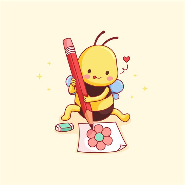 زنبور کوچولو بامزه با استفاده از یک مداد بزرگ طراحی گل طراحی گل را می کشد