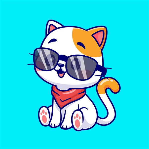 گربه ناز با عینک با تصویر وکتور کارتونی روسری نماد مد حیوانات جدا شده است