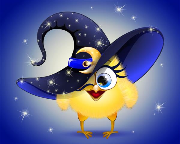 کارتونی دختر جوجه زرد کوچک با کلاه جادوگر براق با کمربند ماه زرد