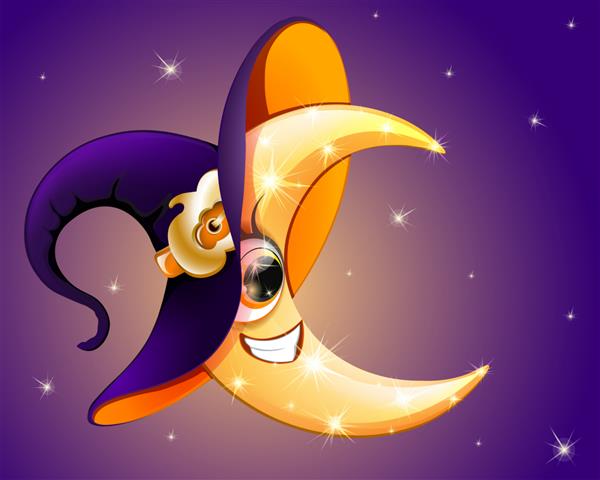 کارتون ماه جادوگر براق هالووین در کلاه جادوگر با کمربند کدو تنبل در آسمان شب