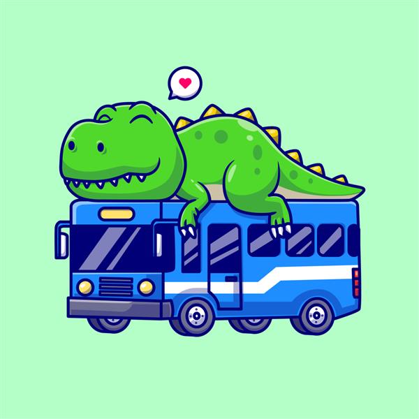 تصویر وکتور کارتونی دایناسور ناز خوابیده در اتوبوس نماد حمل و نقل حیوانات جدا شده است