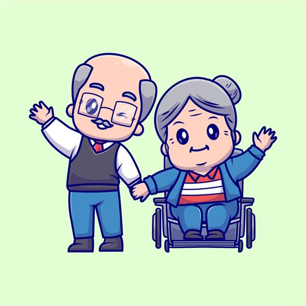 تصویر وکتور کارتونی زوج پدربزرگ و مادربزرگ ناز روی صندلی چرخدار مردم دوست دارند