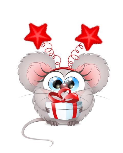 دختر موش بامزه کارتونی با جعبه هدیه در دست و هدبند مارپیچ با ستاره های کرکی