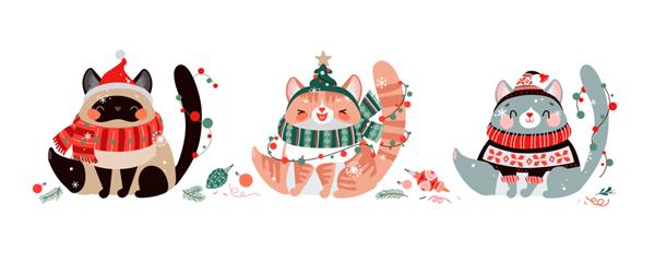 مجموعه گربه کارتونی بامزه با کلاه و شال گردن خنده دار برای چاپ روی کادوهای کریسمس