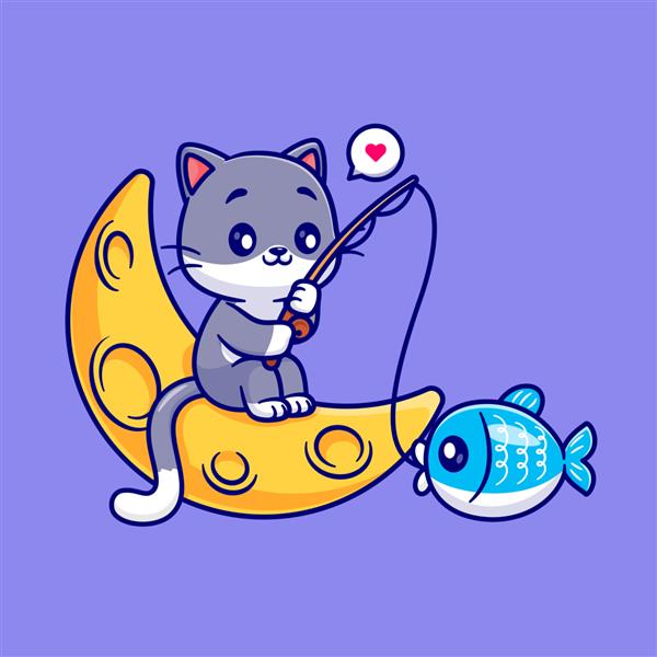 گربه ناز ماهیگیری ماهی در تصویر وکتور کارتونی ماه مفهوم نماد طبیعت حیوانات جدا شده است