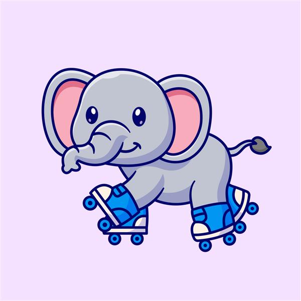 تصویر وکتور کارتونی فیل ناز در حال بازی اسکیت غلتکی نماد ورزش حیوانات صاف جدا شده