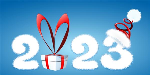 کارتونی سفید کرکی شماره سال جدید 2023 با جعبه هدیه و کلاه بابا نوئل مفهوم کریسمس سال نو