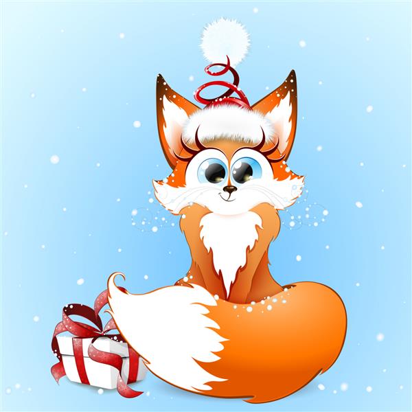 دختر روباه کارتونی زنجبیل کرکی با کلاه بابا نوئل و جعبه هدیه کریسمس زیر بارش برف نشسته است