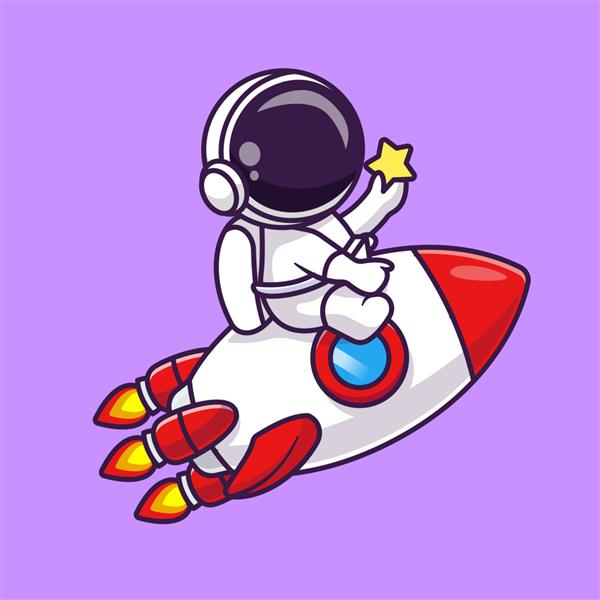 تصویر وکتور کارتونی فضانوردی زیبا با موشک با ستاره در فضا فناوری علمی