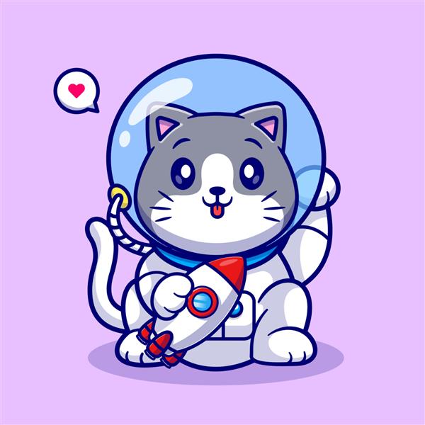 تصویر وکتور کارتونی گربه خوش شانس فضانورد ناز که موشک در دست دارد علوم حیوانی جدا شده
