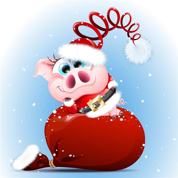 دختر خوک صورتی بامزه با لباس بابا نوئل که روی کیسه بابا نوئل زیر بارش برف دراز کشیده است