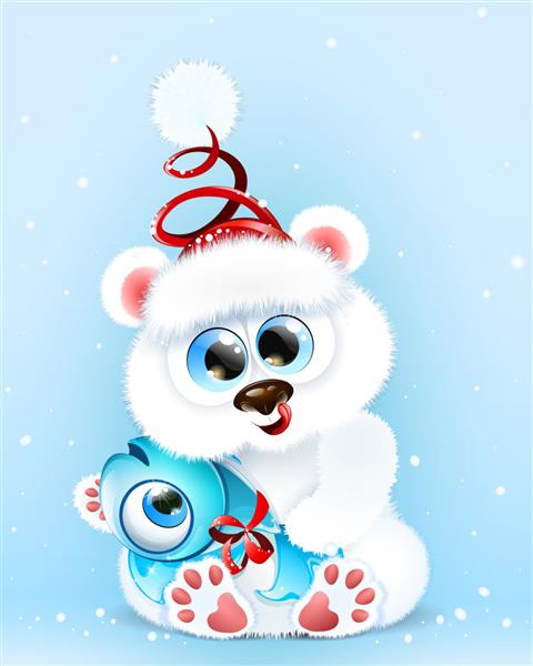 خرس سفید کوچک کارتونی کرکی زمستانی با کلاه بابا نوئل که ماهی با کمان در دست دارد