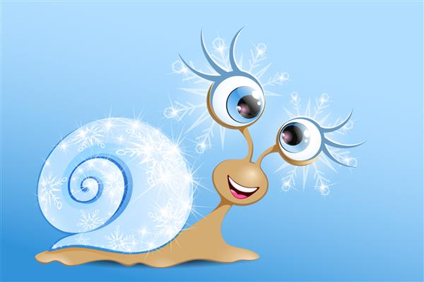 کارتونی خنده دار حلزون آبی روشن با مژه و صدف براق دانه برف