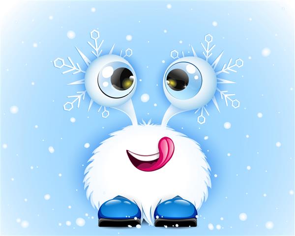 هیولای سفید زمستانی کارتونی خنده دار و بامزه با دانه های برف که لب ها را می لیسند
