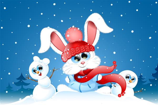 خرگوش کریسمس سفید کارتونی کرکی با کلاه و روسری آبی با دو آدم برفی خنده دار