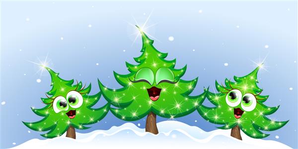 کارتون زیبا و خنده دار سه درخت کریسمس که زیر بارش برف می خوانند