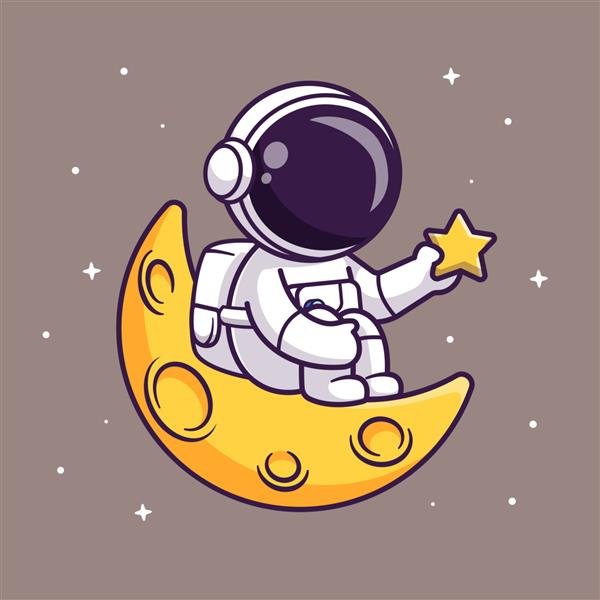 فضانورد ناز که ستاره را در دست دارد و روی ماه نشسته است تصویر وکتور کارتونی فناوری علمی