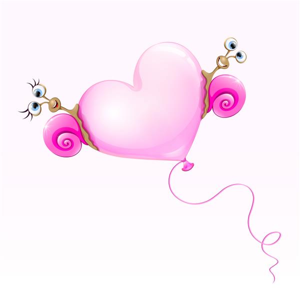 کارتون خنده دار در حلزون های عاشق پرواز بر روی بادکنک قلب صورتی مفهوم روز ولنتاین